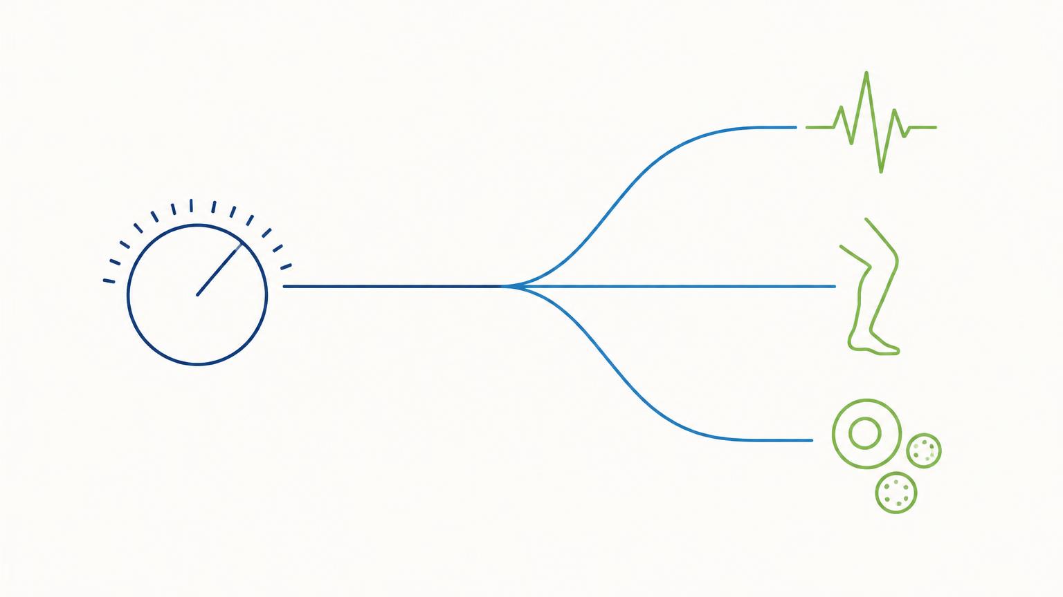 Line illustration of a single alarm dial branching into three outputs representing the body's stress, muscle and immune responses to pain.