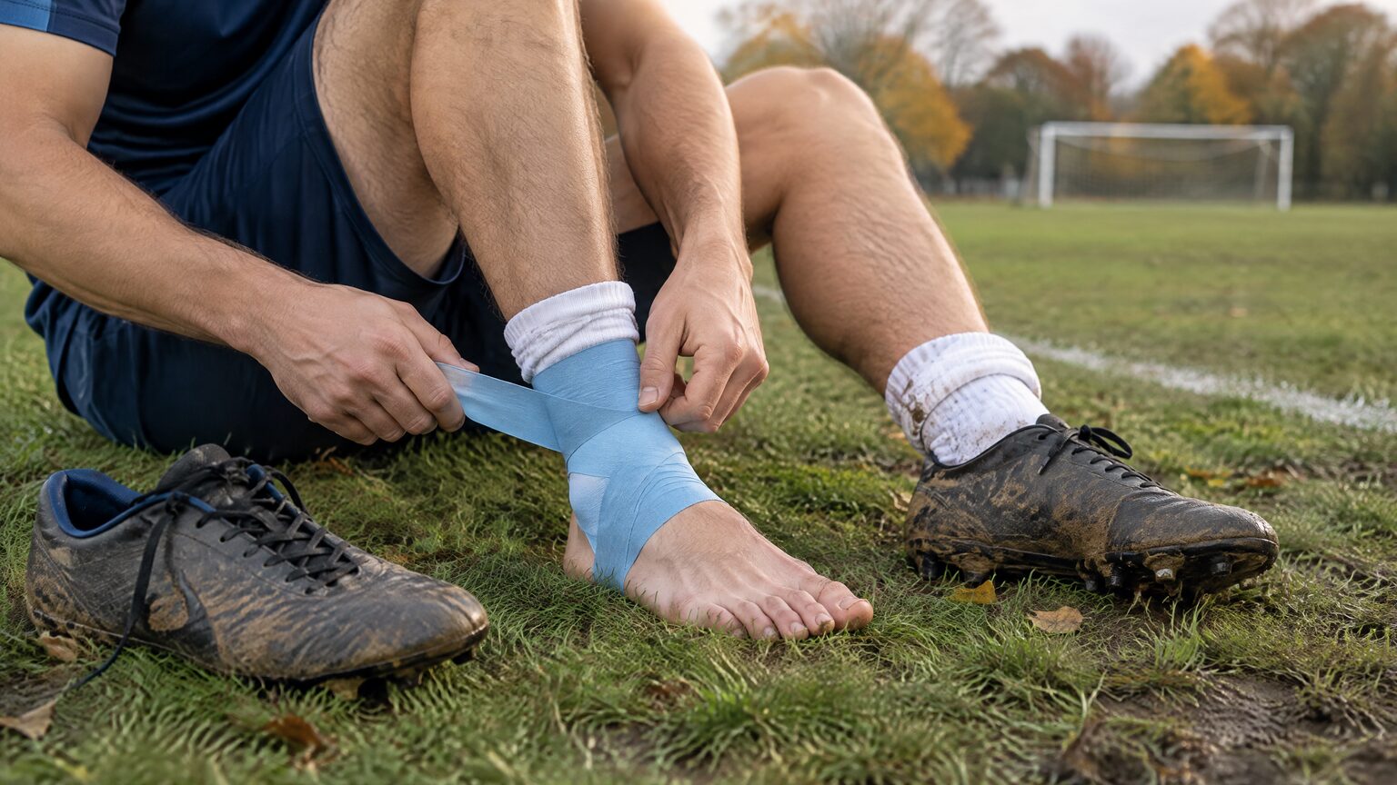 Amateur footballer sitting on the touchline taping an injured ankle, muddy boots beside him