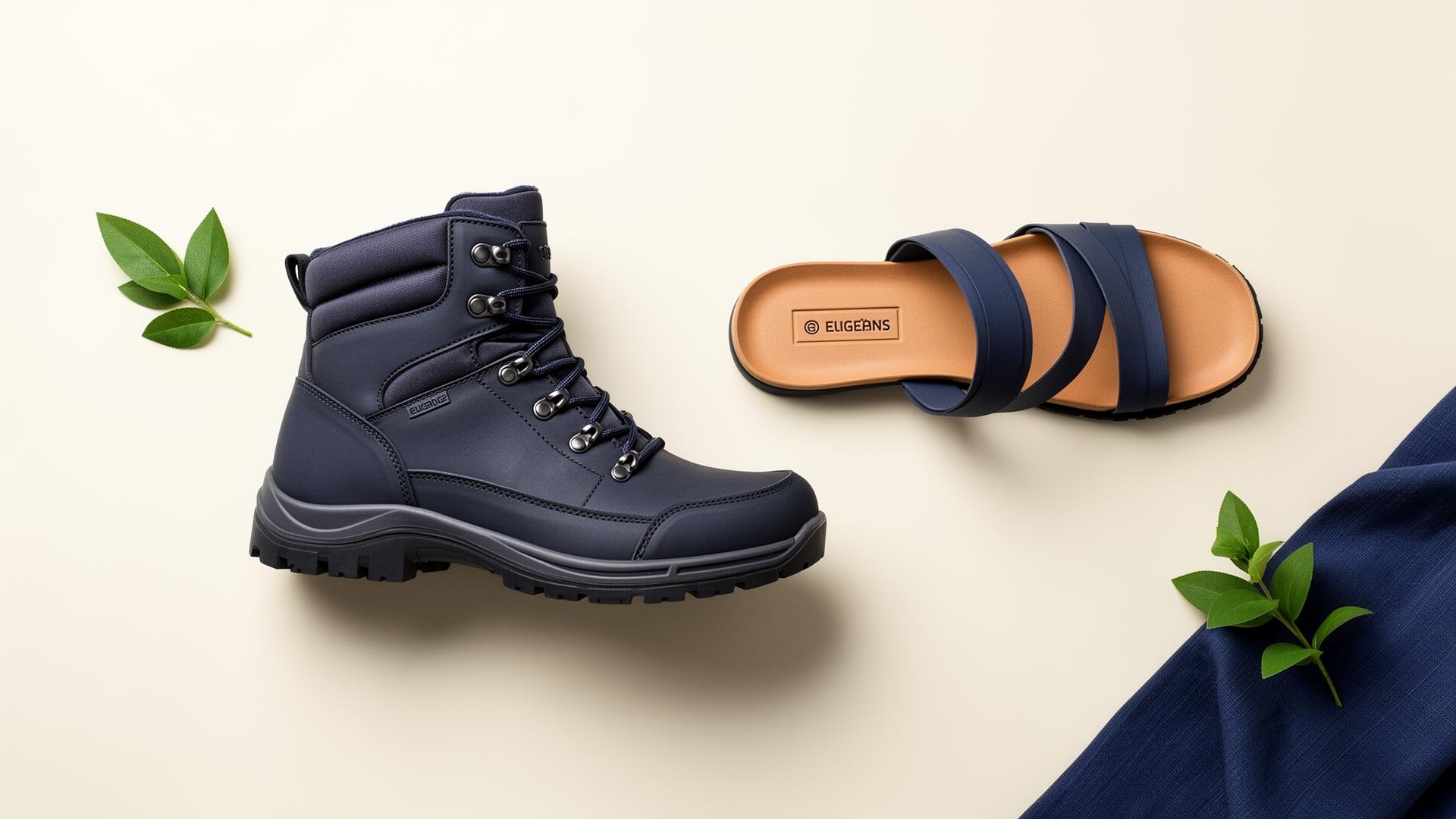 A winter walking boot beside a flat summer sandal, illustrating the seasonal footwear transition.