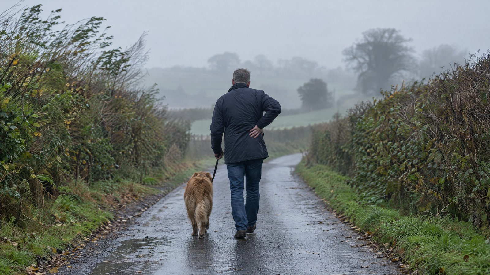 A man seen from behind walking his dog down a wet, misty country lane, one hand on his lower back.