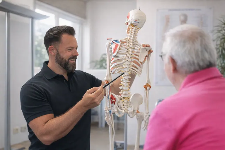 Lee explaining spinal anatomy to a patient