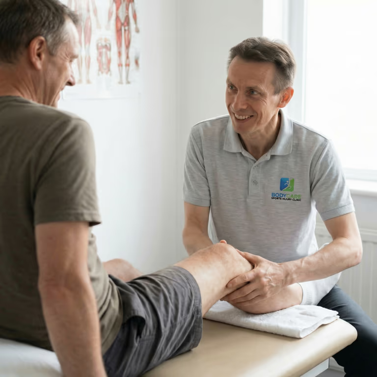 BodyCare specialist assessing a patient's knee at the sports injury clinic near Newmarket